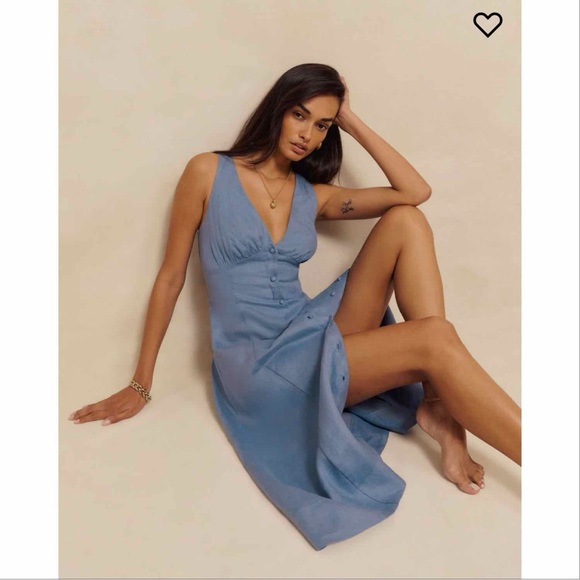 Reformation Sebastien Blue Linen Midi Dress - Picture 2 of 4